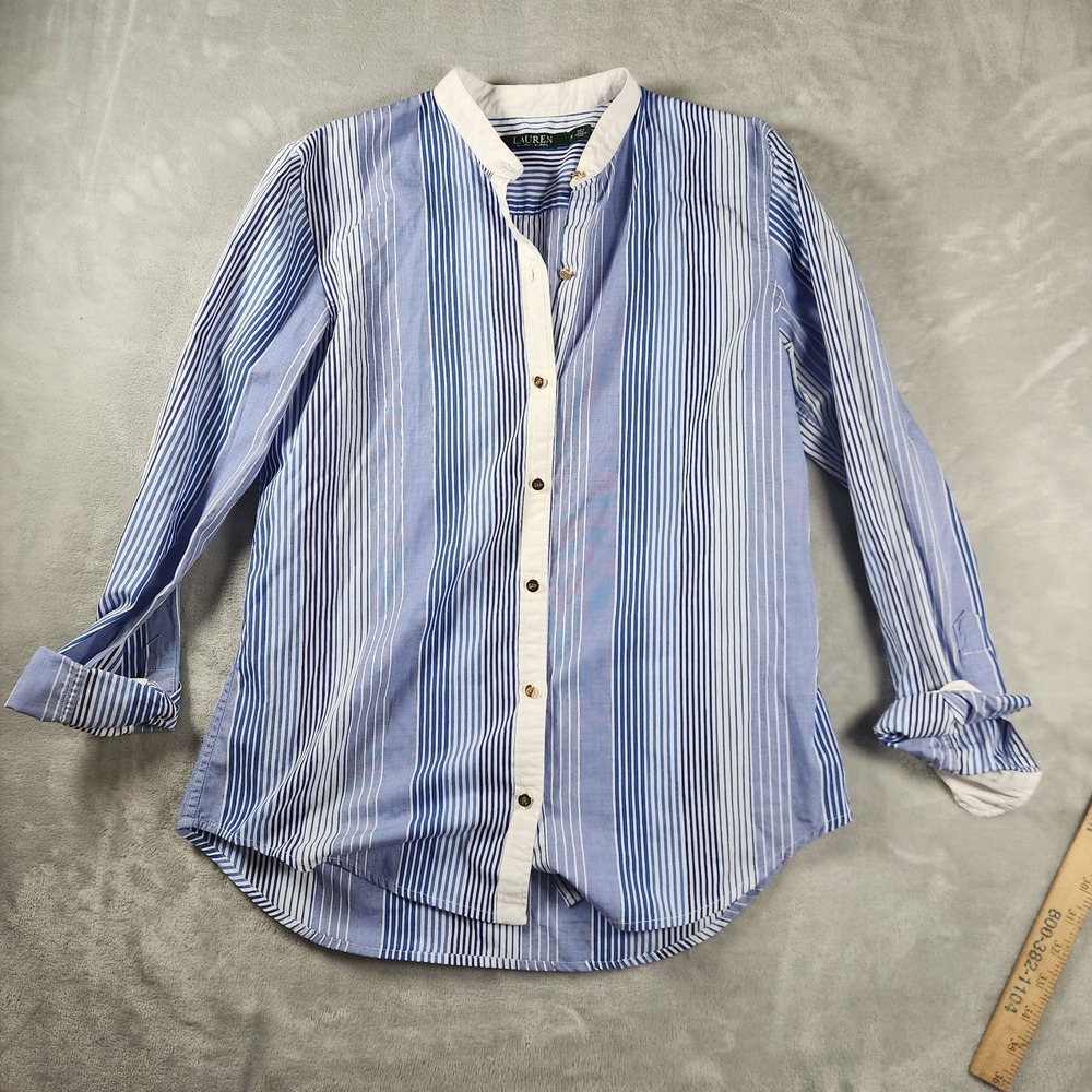 LRL Ralph Lauren Blue White Stripe Blouse Gold Monogram Buttons M Luxury